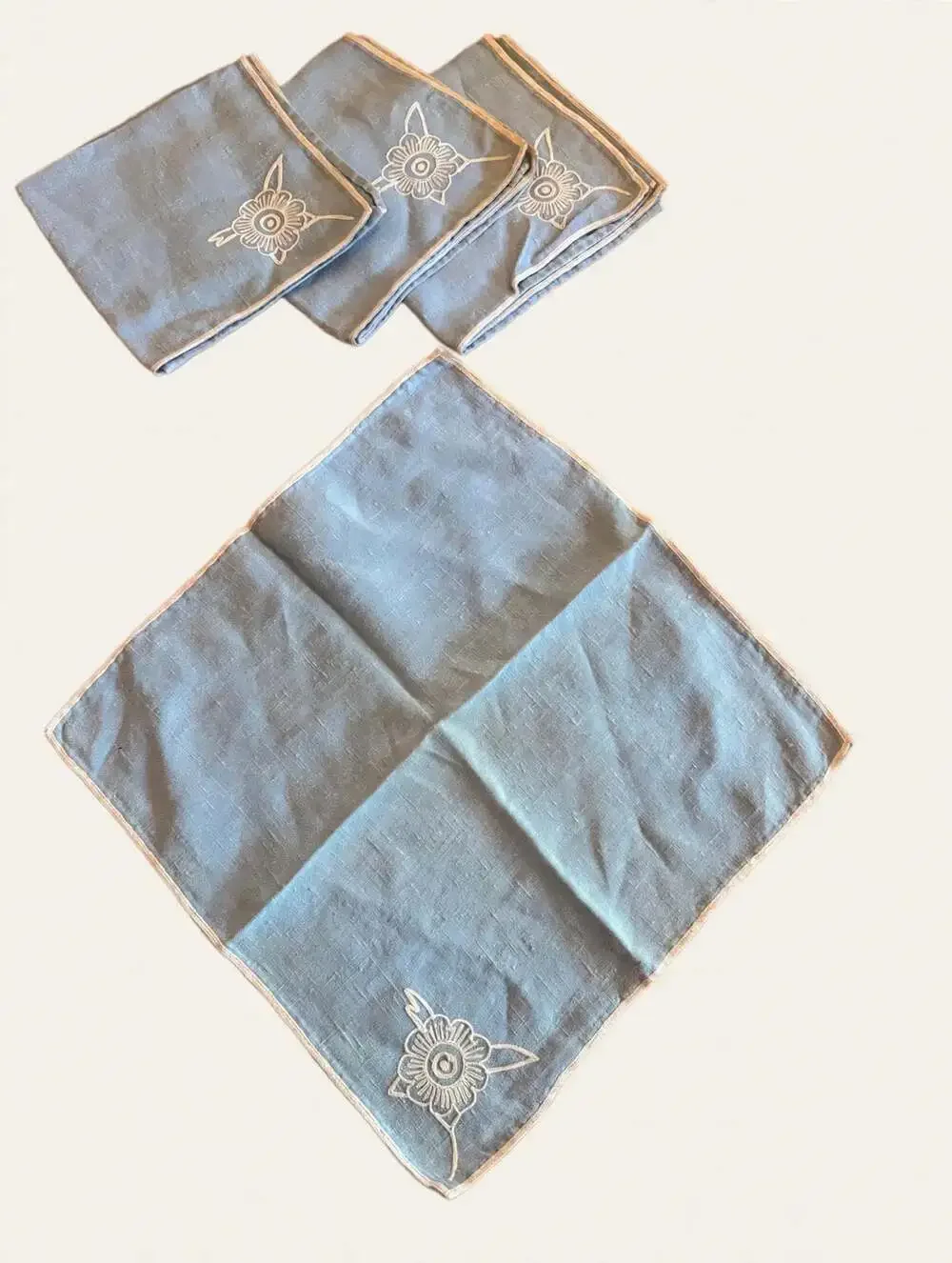 Vtg 50s Blue Linen Napkins Set 4 - 15.5